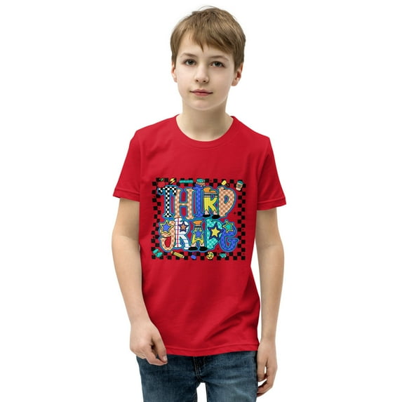 Third Grade Youth Short Sleeve T-Shirt Back to School, 3rd Grade First Day of School Tee for Boys (Red, S)