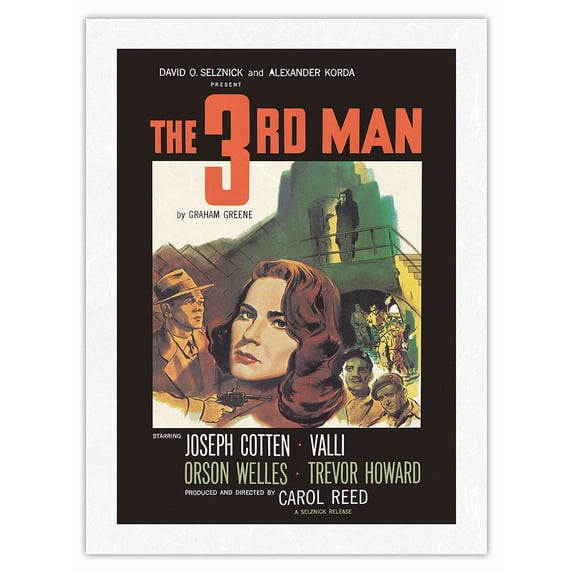 The Third Man - Starring Joseph Cotton & Orson Wells - Directed by Carol Reed - Vintage Film Noir Movie Poster c.1949 - Japanese Unryu Rice Paper Art Print (Unframed) 12 x 16 in