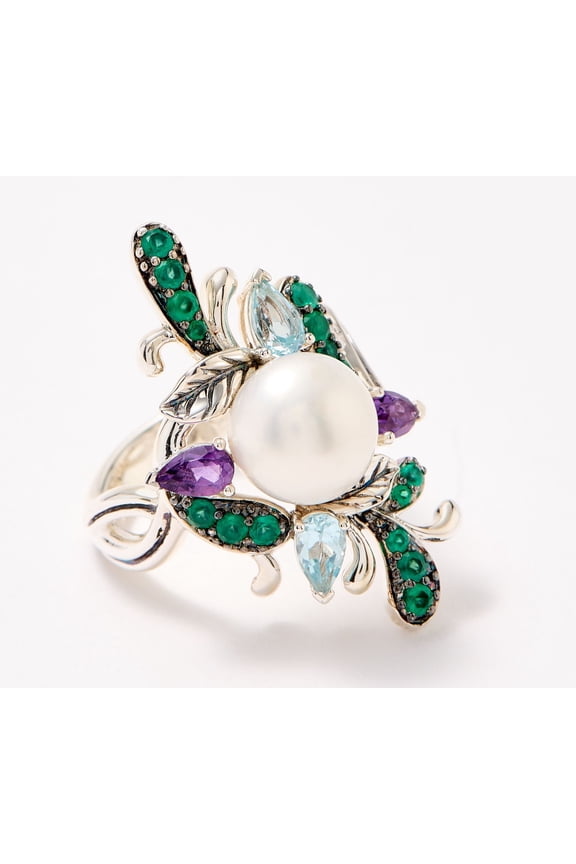 Sterling Silver Cultured Freshwater Pearl Multi-Gemstone Ring, Size 10