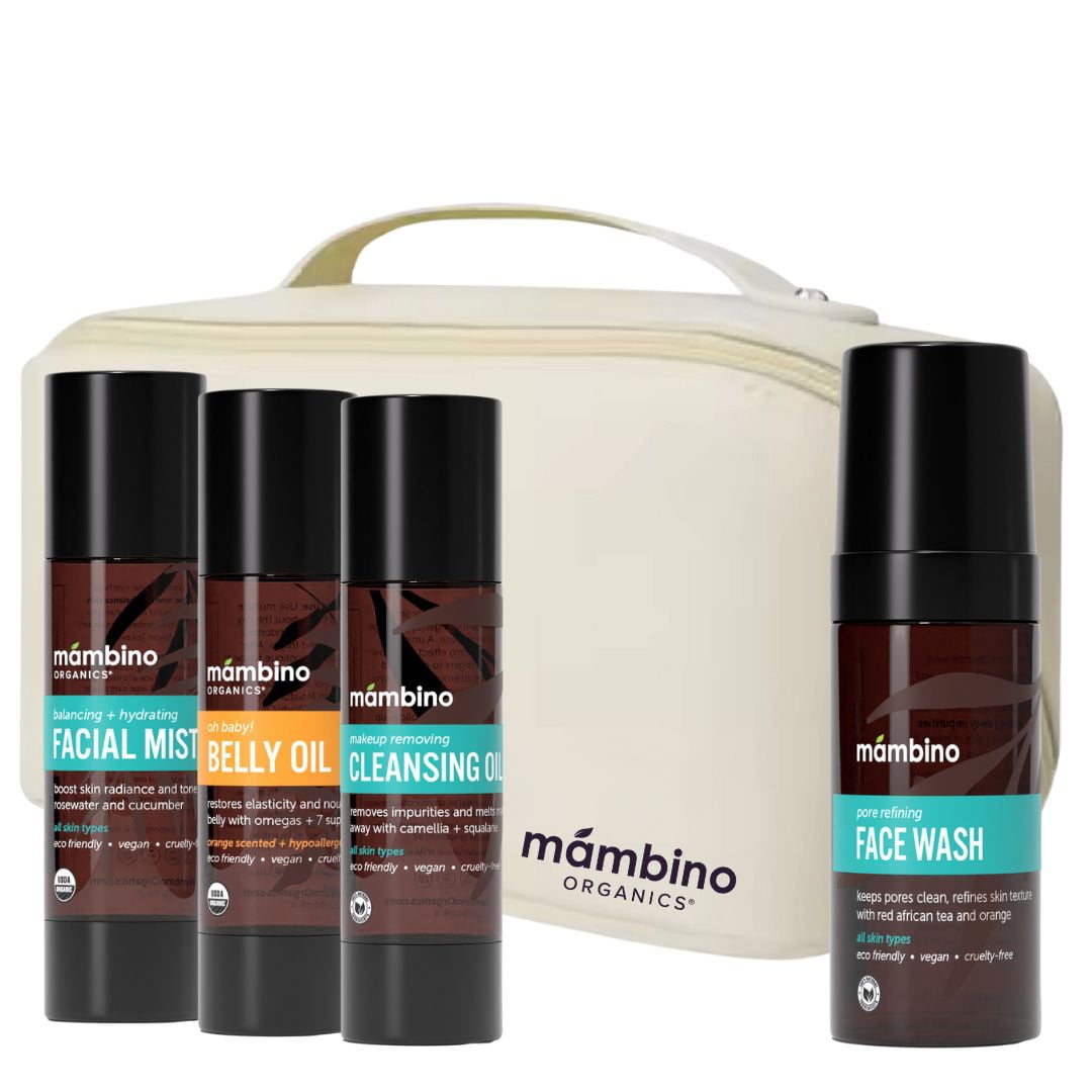 Third Trimester Set – All Natural Skincare Pregnancy Gift Box – Anti-stretch mark Belly Oil, Rose Facial Mist, Cleansing Oil, Face Wash - Mambino Organics