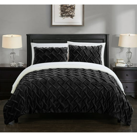 Thirsa 3 or 2 Piece Comforter Set Ultra Plush Micro Mink Criss Cross Pinch Pleat Sherpa Lined Bedding