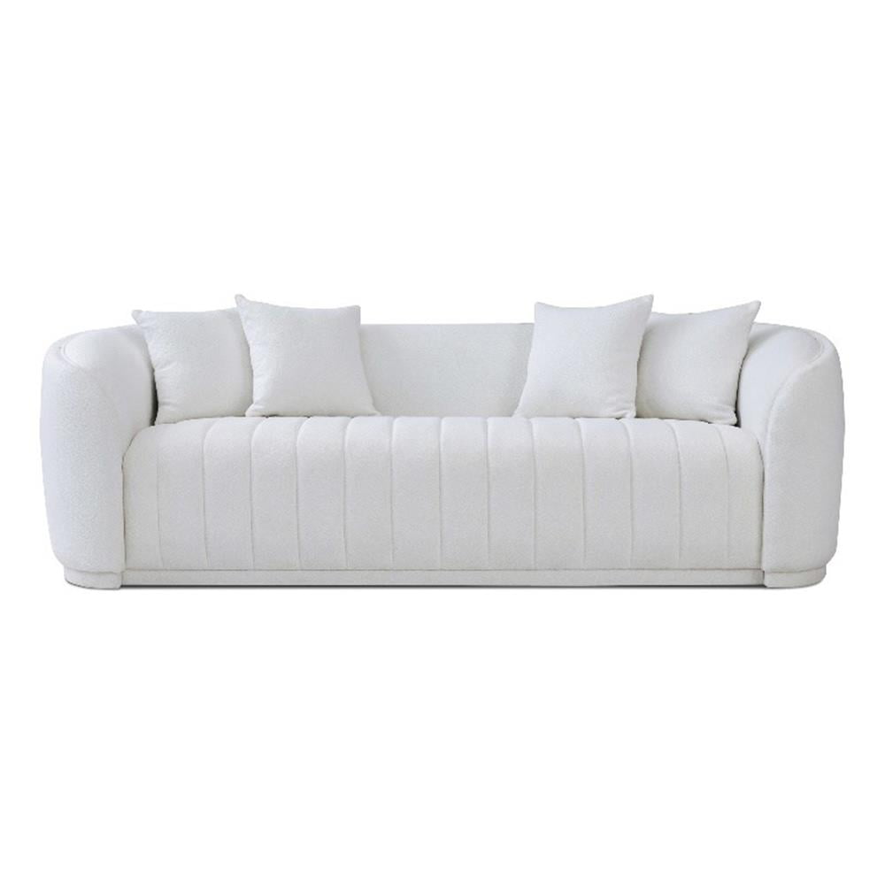 White Boucle Upholstered Mid-Century Modern Sofa with Round Arms