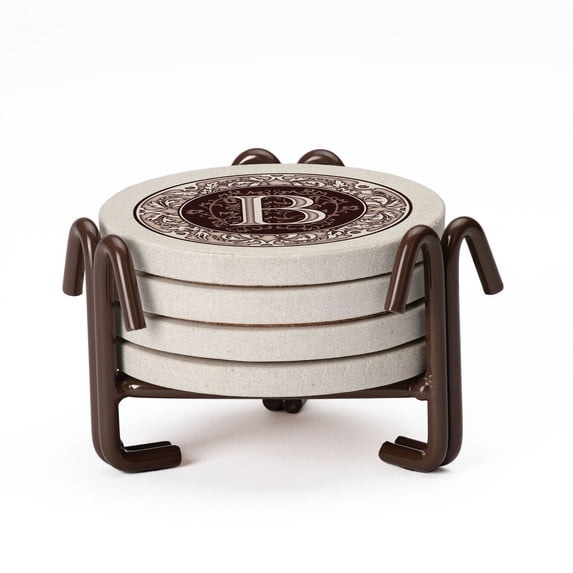 Thirstystone 4-Pack Monogram Letter B Sandstone Coasters in Iron Ram Coaster Holder