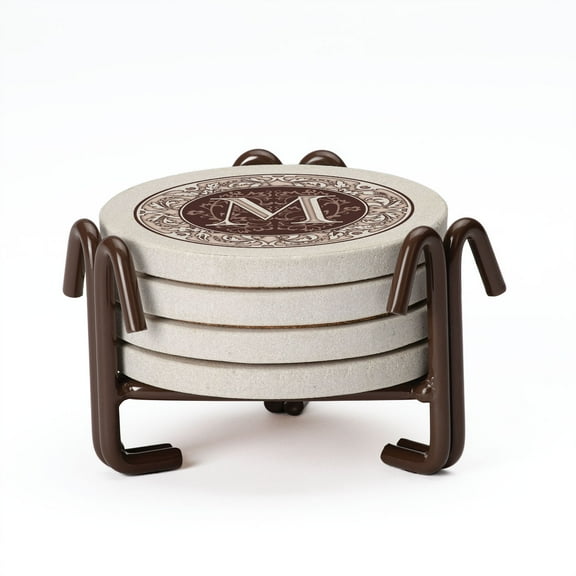 Thirstystone 4-Pack Monogram Letter M Sandstone Coasters in iron Holder