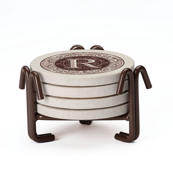 Thirstystone 4-Pack Monogram Letter R Sandstone Coasters in iron Holder