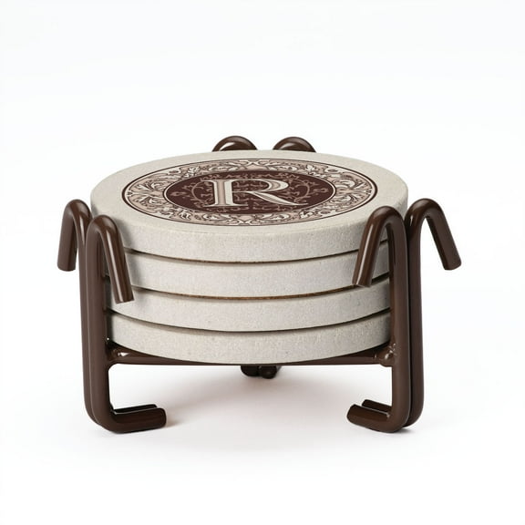 Thirstystone 4-Pack Monogram Letter R Sandstone Coasters in iron Holder