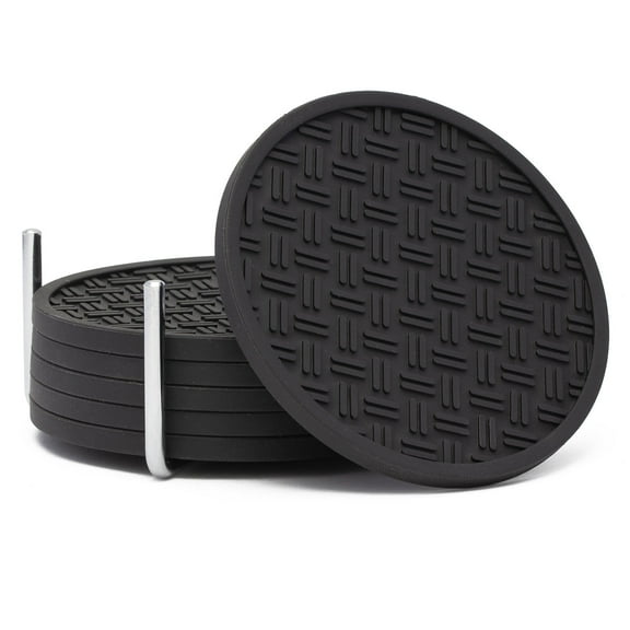 Thirstystone 6-Pack Brown TPR Coasters in Stainless Steel Chrome Holder 4" Round