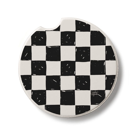 Thirstystone  Black & White Checkered  Single Round Stone Car Coaster