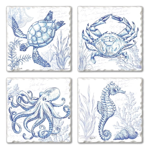 Thirstystone Coastal Sketch 4-Pack Tumbled Tile Coasters