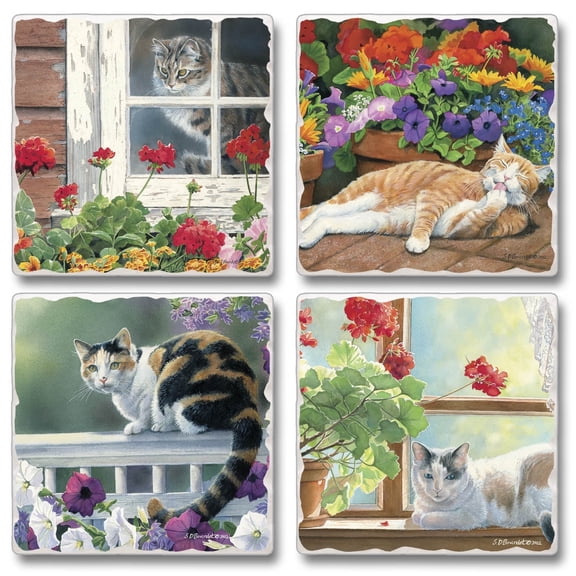Thirstystone Lazy Day Cat 4-Pack Assorted Tumbled Tile Coasters