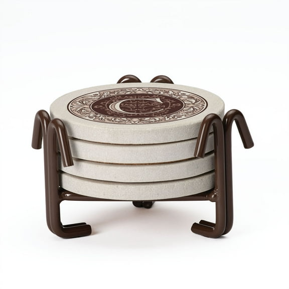 Thirstystone Monogram Letter "C" Sandstone Coasters in iron Holder