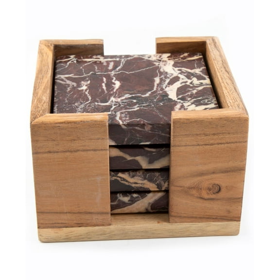 Thirstystone Set of 4 Cherry Marble Coasters with Wood Holder, 5 x 5