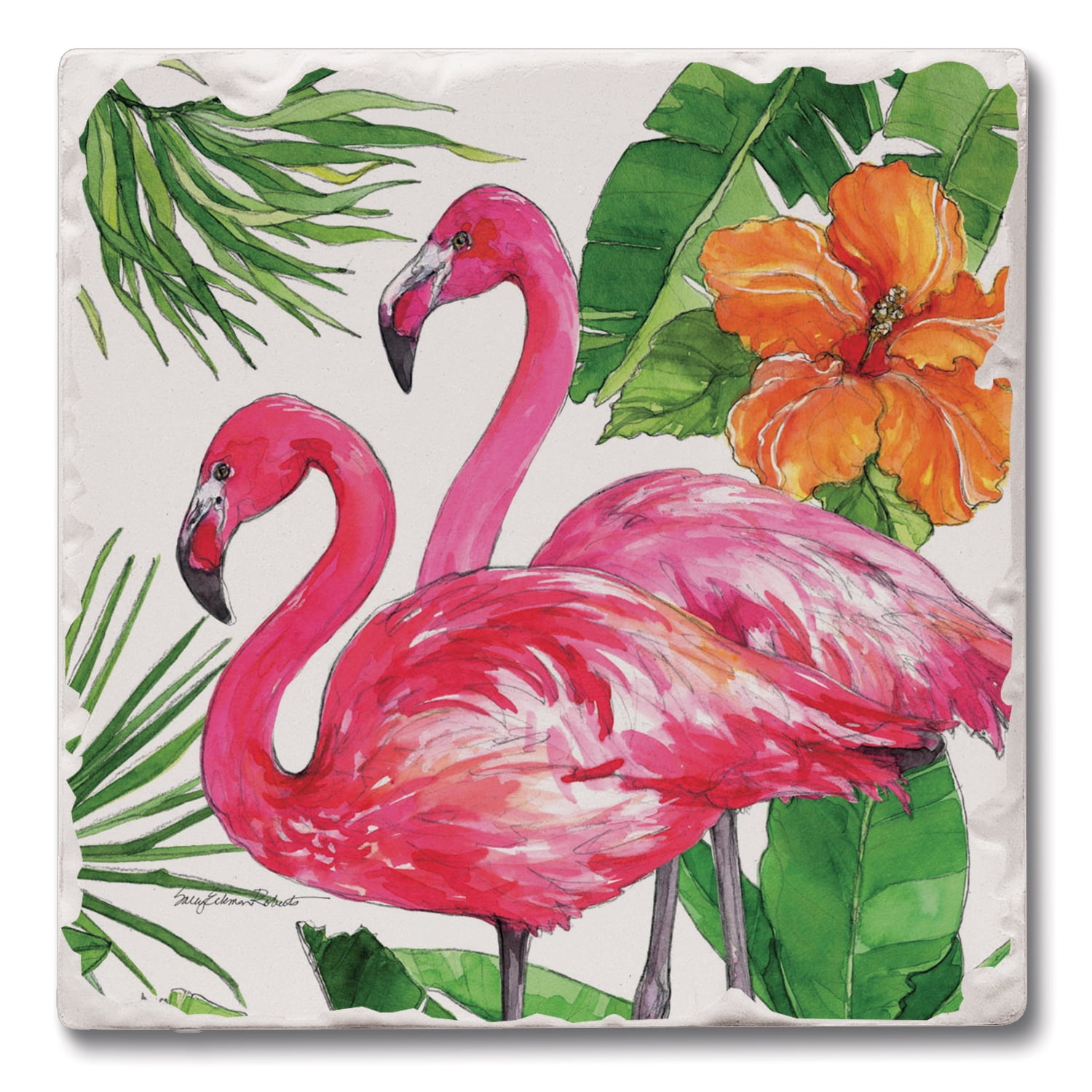Tropical Pink Flamingo Multicolor Stone Square Coasters Set