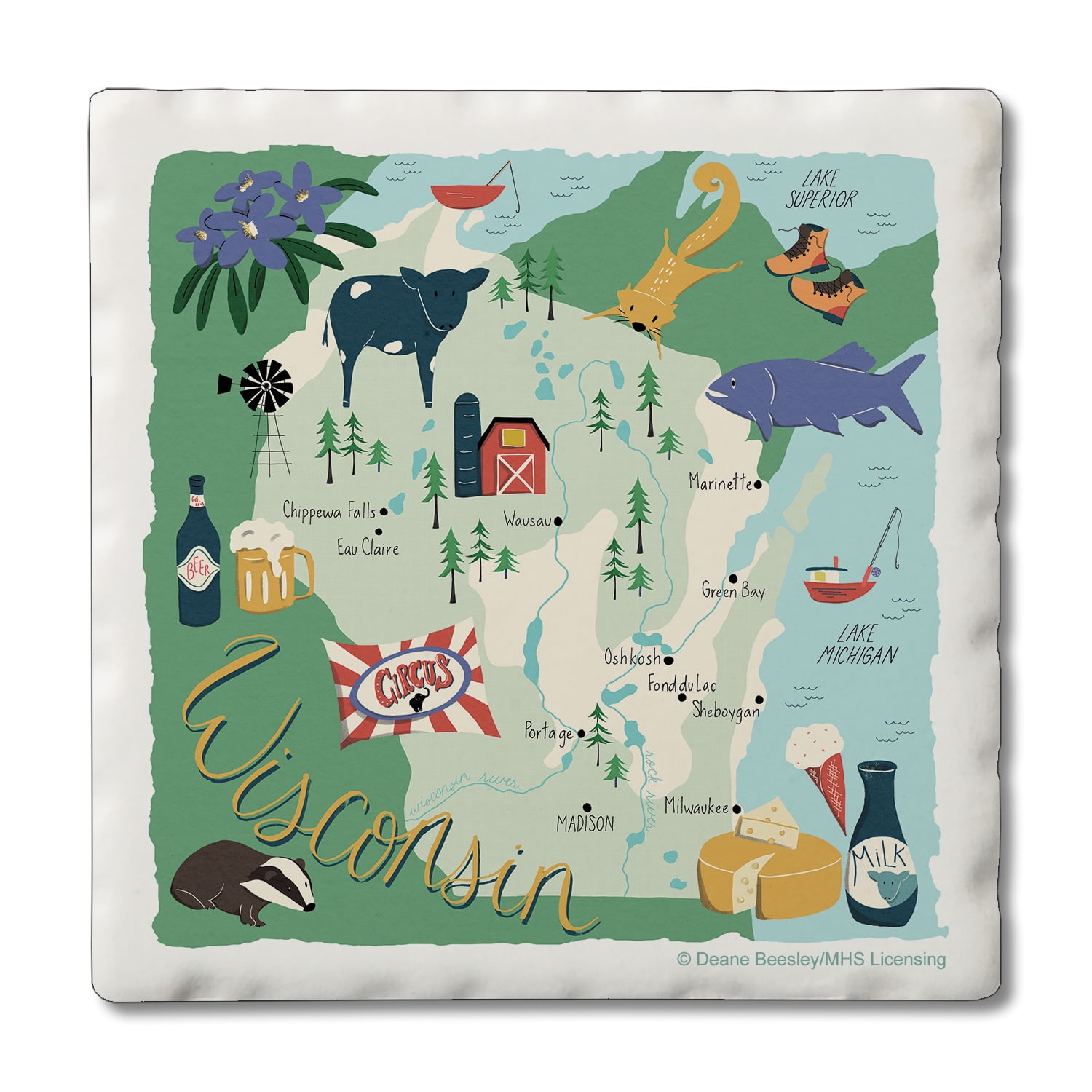 Wisconsin Map Multicolor Absorbent Stone Coasters with Cork Backing