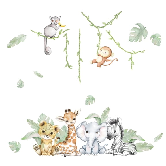 This 59.05x53.14 inch forest animal wall decal features animals such as elephants, zebras, monkeys, and giraffes, making it suitable for decoration.