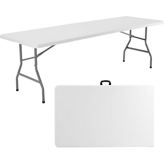 This 8-foot folding table features handles and is ideal for camping, picnics, and parties.