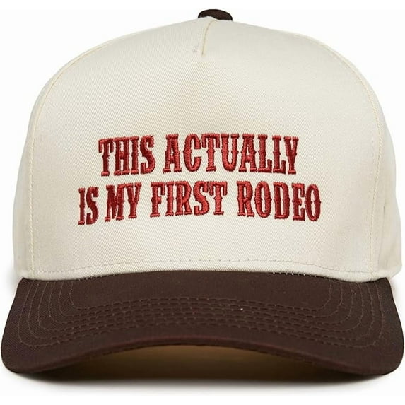Funky Junque Trucker Hat – Vintage Two-Tone Snapback Baseball Cap with Embroidered Design - This Actually is My First Rodeo - Brown/Beige