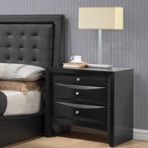 This Black Finish Nightstand Features 2 Storage Drawers & a Pull Out Tray, Wooden Bedroom Furniture