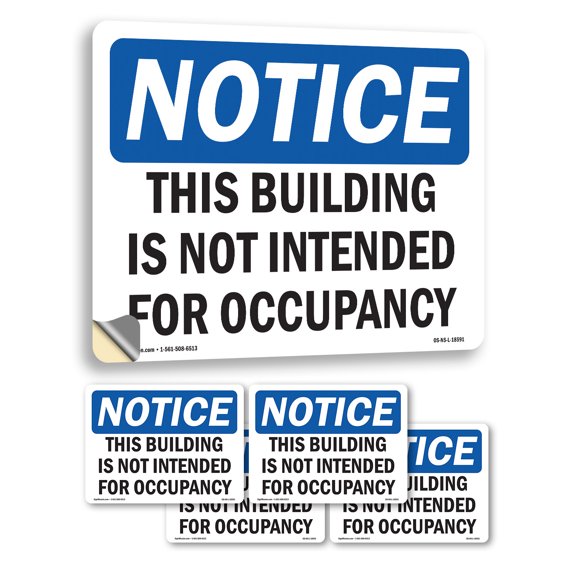 This Building Is Not Intended For Occupancy OSHA Notice Vinyl Decal Label 14 Inch x 10 Inch - 5 Pack