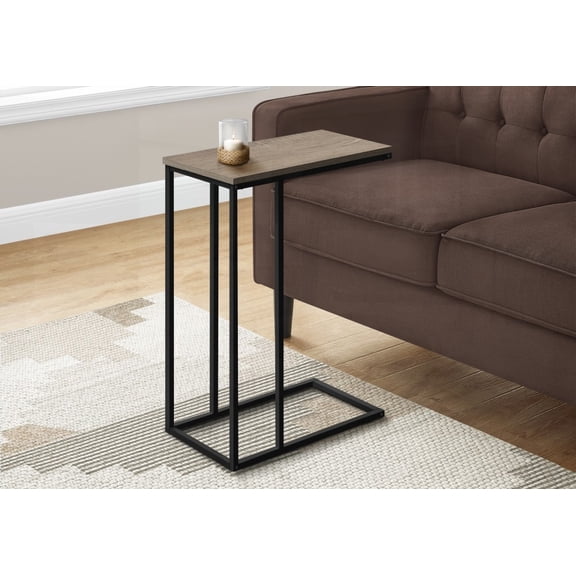 This C-shaped Accent Table for Living Room, Bedroom, Features Brown Laminate & Black Metal, Modern Style