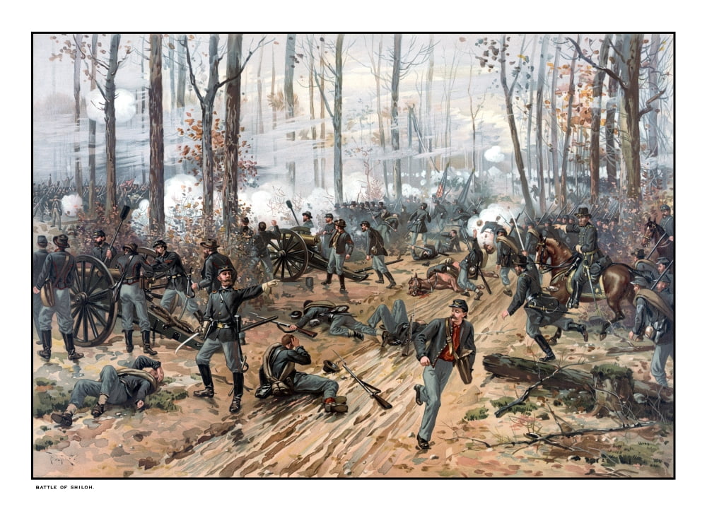 This Civil War painting shows Union and Confederate troops at The Battle of Shiloh Canvas Art - John ParrotStocktrek Images (33 x 24)