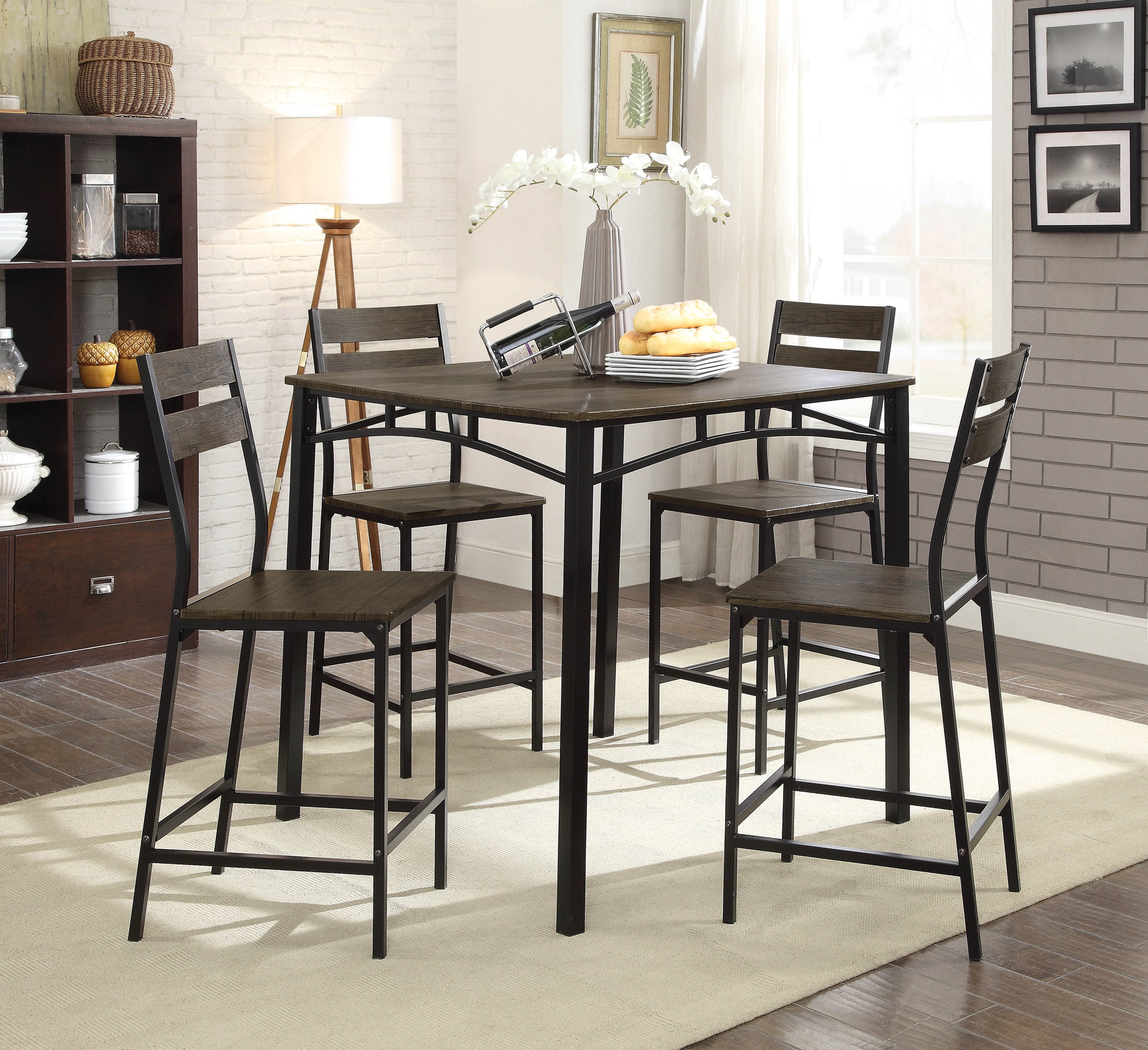 This Furniture of America Trujillo 5-Piece Rustic Farmhouse Counter Height Table Set, Black