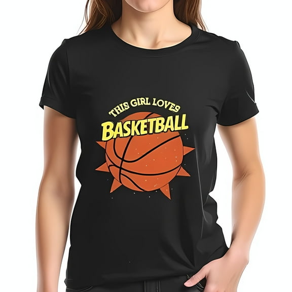 This Girl Loves Basketball Graphic T-Shirt - Short Sleeve Cotton Tee with Design and Bold Yellow Text