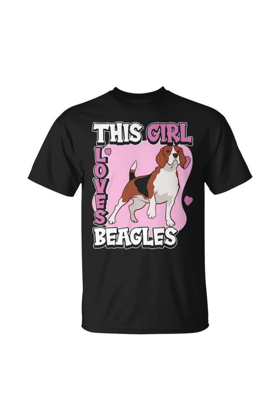 This Girl Loves Beagles Quote Graphic Tee Unisex Adult Cotton Dog Lover Design T-Shirt for Women Pet Owners Casual Everyday Wear, Size S, Color Black