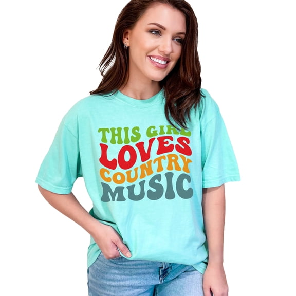 This Girl Loves Country Music Quote, Groovy Retro Wavy Text, Chalky Mint Comfort Colors T-Shirt, XL