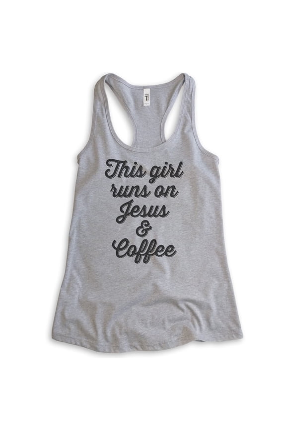This Girl Runs On Jesus & Coffee Tank Top, Ladies Racerback Tank Top, Cute Coffee Tank, Jesus Tank, Heather Gray, Medium