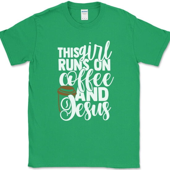 This Girl Runs on Coffee and Jesus T-Shirt Funny Caffeine Christian Text Tee - Green, XL
