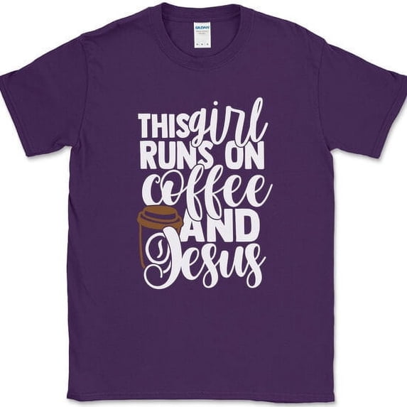 This Girl Runs on Coffee and Jesus T-Shirt Funny Caffeine Christian Text Tee - Purple, L
