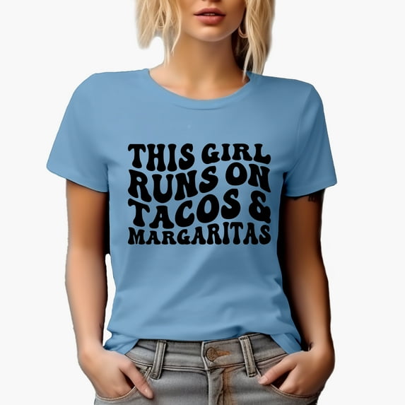 This Girl Runs on Tacos & Margaritas, Taco Lover Quote, Groovy Retro Wavy Text Merch Gift, Baby Blue T-Shirt, 2XL