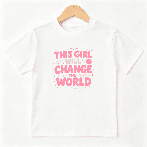 This Girl Will Change The World Girls Graphic Tee, Girl Power 100% Cotton Kids Short Sleeve T-Shirt 4-13Y