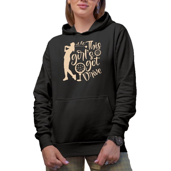 This Girl's Got Drive with a Ball on a Tee & Swinging Woman Golf Player, Golfing or Golfer Themed Merch Gift, Black Hooded Sweatshirt or Hoodie, Small