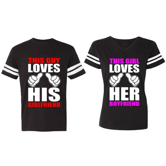 This Guy Lovs His Her Girlfriend Boyfriend Matching Couple Cotton Jerseys (Men Black / Women Black) (Men XXL / Women M)