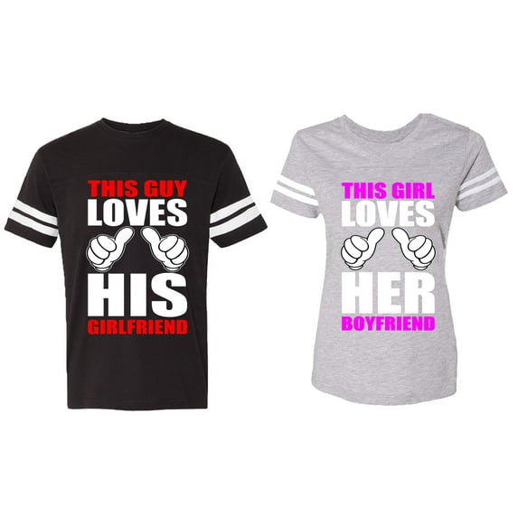 This Guy Lovs His Her Girlfriend Boyfriend Matching Couple Cotton Jerseys (Men Black / Women Heather) (Men XXL / Women M)