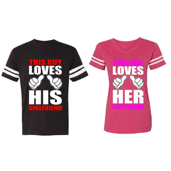 This Guy Lovs His Her Girlfriend Boyfriend Matching Couple Cotton Jerseys (Men Black / Women Pink) (Men XXL / Women XL)