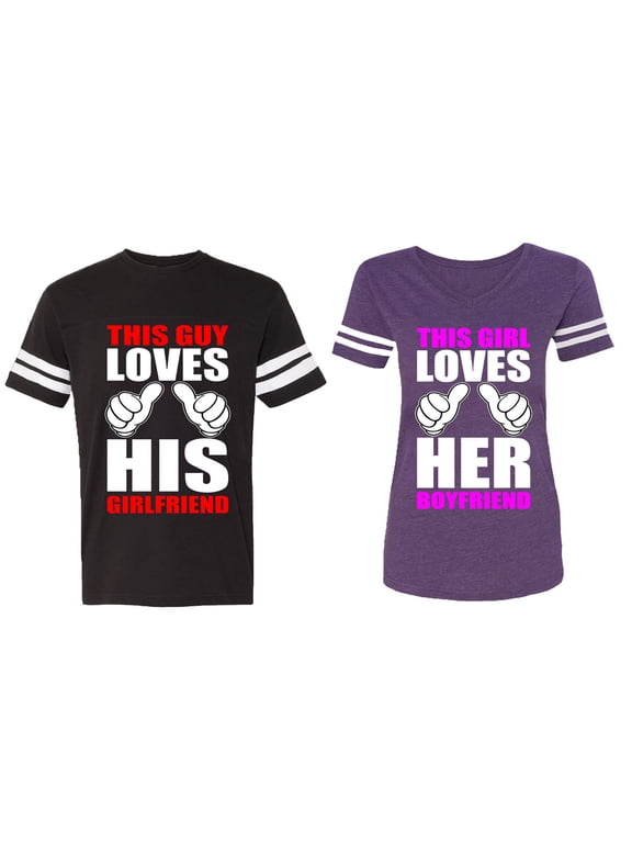 This Guy Lovs His Her Girlfriend Boyfriend Matching Couple Cotton Jerseys (Men Black / Women Purple) (Men XL / Women XL)