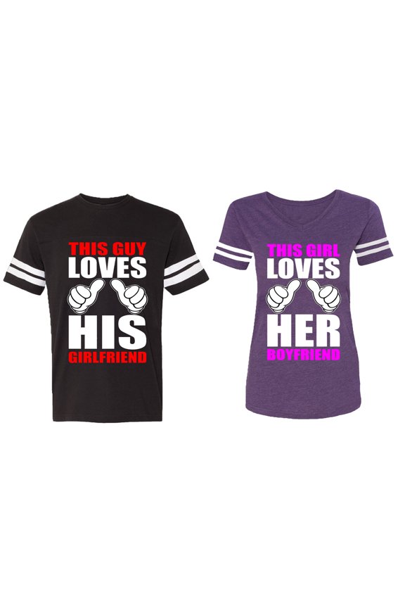 This Guy Lovs His Her Girlfriend Boyfriend Matching Couple Cotton Jerseys (Men Black / Women Purple) (Men XL / Women XL)