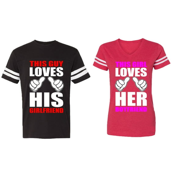 This Guy Lovs His Her Girlfriend Boyfriend Matching Couple Cotton Jerseys (Men Black / Women Red) (Men S / Women XL)