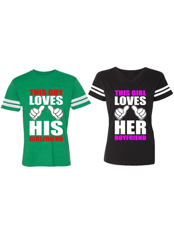 This Guy Lovs His Her Girlfriend Boyfriend Matching Couple Cotton Jerseys (Men Green / Women Black) (Men XL / Women XXL)
