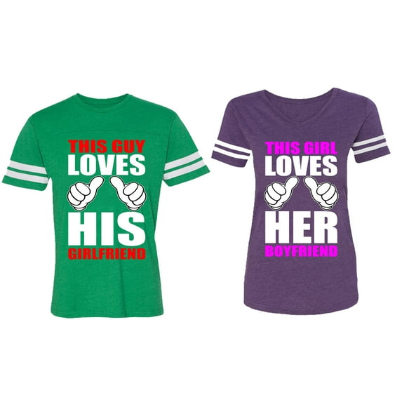 This Guy Lovs His Her Girlfriend Boyfriend Matching Couple Cotton Jerseys (Men Green / Women Purple) (Men S / Women XXL)