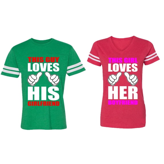 This Guy Lovs His Her Girlfriend Boyfriend Matching Couple Cotton Jerseys (Men Green / Women Red) (Men S / Women XXL)