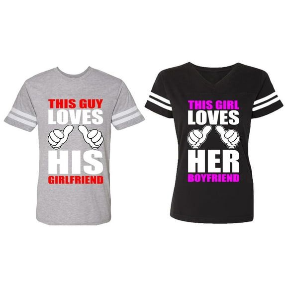 This Guy Lovs His Her Girlfriend Boyfriend Matching Couple Cotton Jerseys (Men Heather / Women Black) (Men S / Women XL)