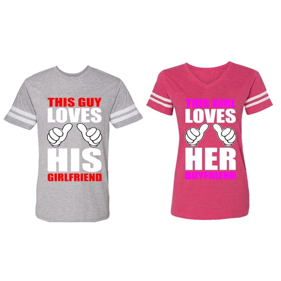 This Guy Lovs His Her Girlfriend Boyfriend Matching Couple Cotton Jerseys (Men Heather / Women Pink) (Men M / Women XL)