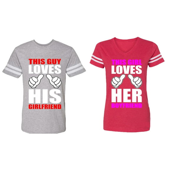 This Guy Lovs His Her Girlfriend Boyfriend Matching Couple Cotton Jerseys (Men Heather / Women Red) (Men XL / Women S)