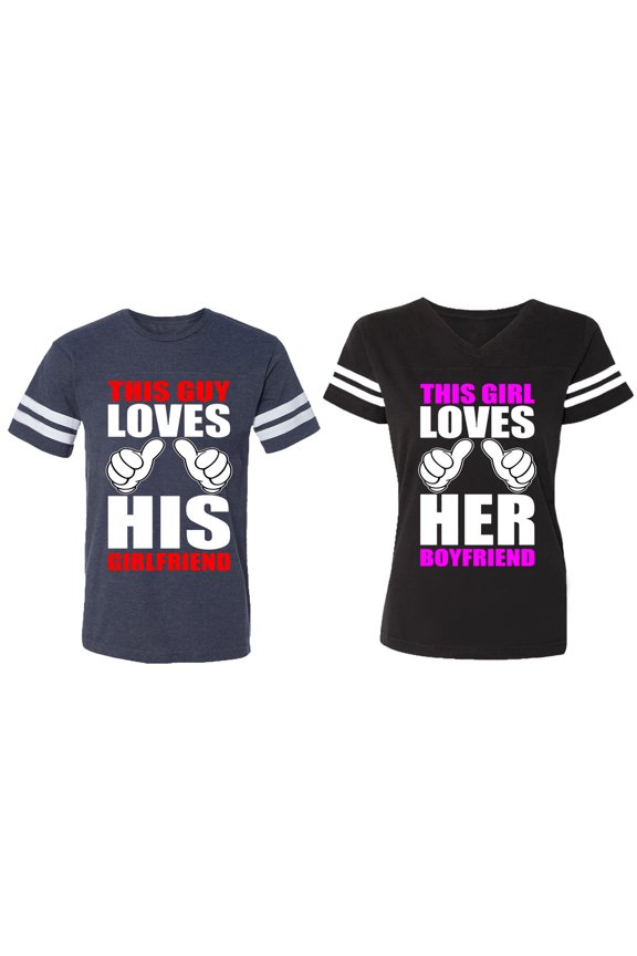 This Guy Lovs His Her Girlfriend Boyfriend Matching Couple Cotton Jerseys (Men Navy / Women Black) (Men L / Women L)