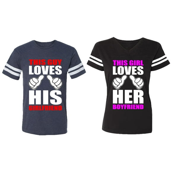 This Guy Lovs His Her Girlfriend Boyfriend Matching Couple Cotton Jerseys (Men Navy / Women Black) (Men L / Women XXL)