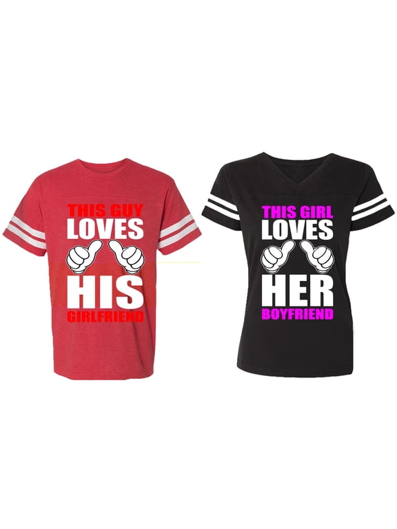 This Guy Lovs His Her Girlfriend Boyfriend Matching Couple Cotton Jerseys (Men Red / Women Black) (Men S / Women S)